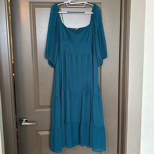 Teal, wide neck peasant midi dress